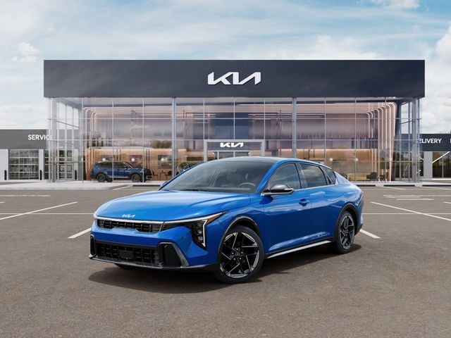 2026 Kia K4 GT-Line in Wave Blue — front three-quarter view