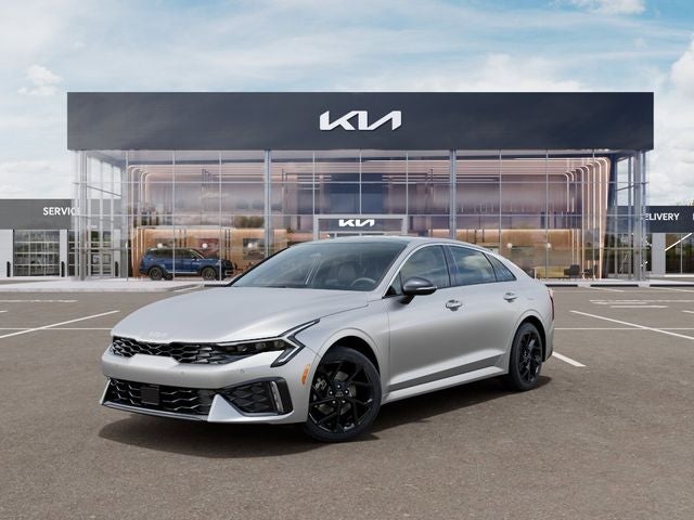 2026 Kia K5 GT-Line in Steel Matte Gray — front three-quarter view